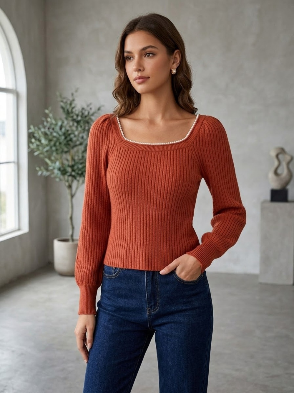 Nanette Lepore Rust Pearl Square Neck Ribbed Sweater